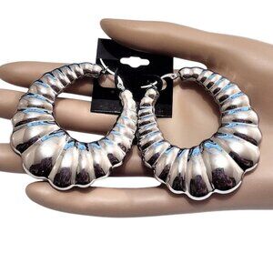 2 1/4 Inch Scalloped Shrimp Hoop Pierced Post Earrings Silver Plated Rib Lined